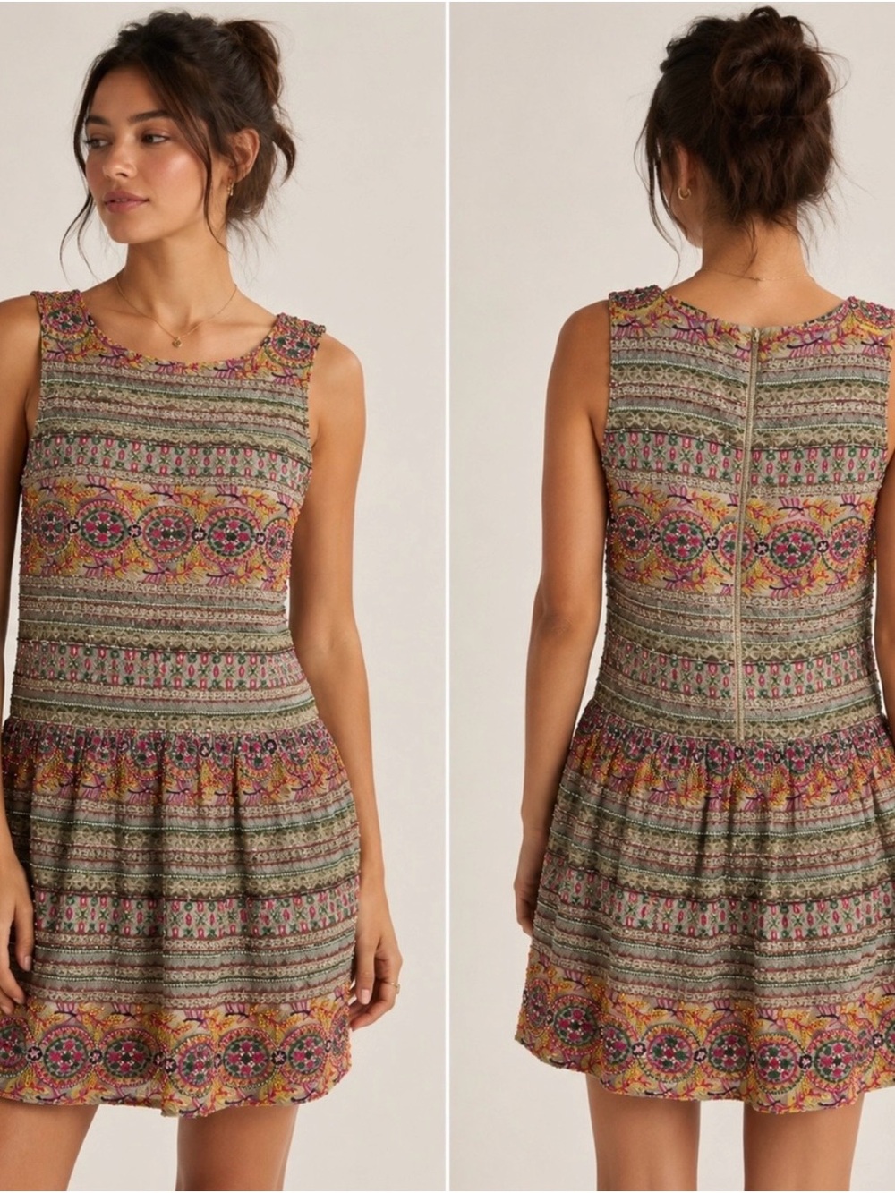 HEMANT & NANDITA Olive, Pink and Yellow Printed Sleeveless Mini Dress